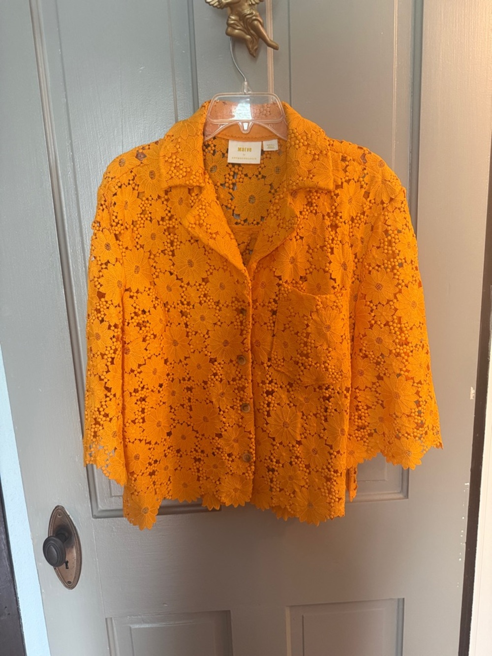 Maeve Bright Orange Crochet Lace Button-Up Blouse